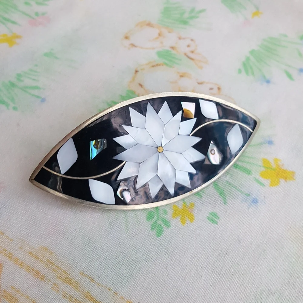 🌙Vintage Alpaca Mexico Silver Abalone MOP Hair Clasp